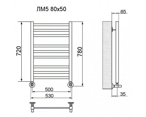 Полотенцесушитель водяной Ника MODERN ЛМ-5 80/50 RAL9005 черный матовый с вентилями (комплект люкс)